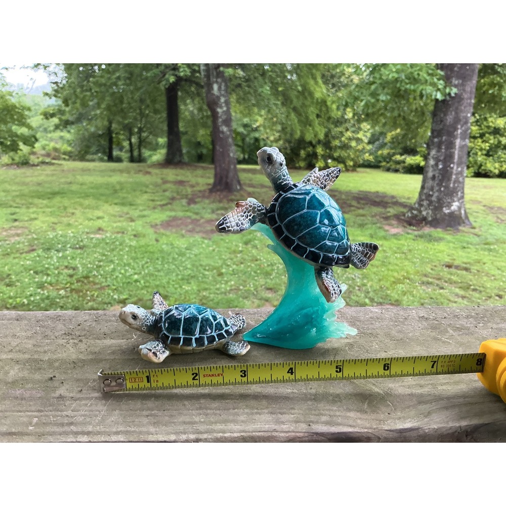 Sea Turtle Figurine Set Teal Turquoise Resin Ocean Wave Decor 2 Piece Coastal - Picture 9 of 10